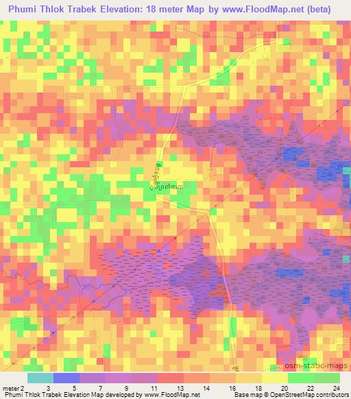 Phumi Thlok Trabek,Cambodia Elevation Map