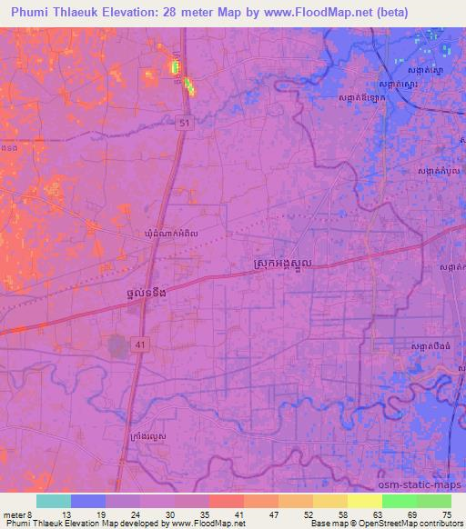 Phumi Thlaeuk,Cambodia Elevation Map