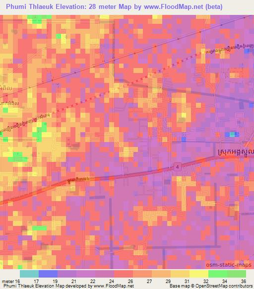 Phumi Thlaeuk,Cambodia Elevation Map