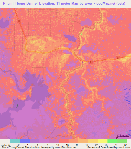 Phumi Tbong Damrei,Cambodia Elevation Map