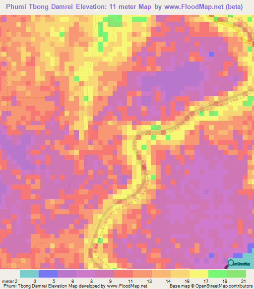 Phumi Tbong Damrei,Cambodia Elevation Map