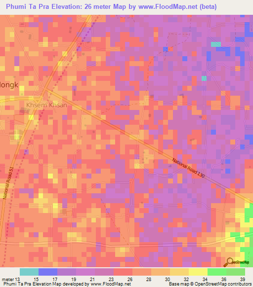 Phumi Ta Pra,Cambodia Elevation Map