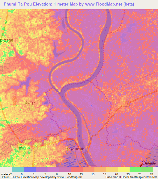 Phumi Ta Pou,Cambodia Elevation Map