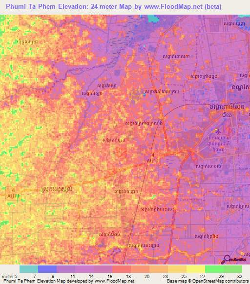 Phumi Ta Phem,Cambodia Elevation Map