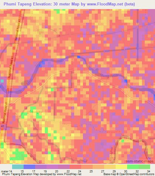 Phumi Tapeng,Cambodia Elevation Map