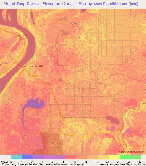 Phumi Tang Roessei,Cambodia Elevation Map