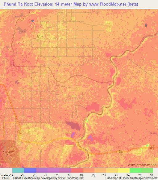 Phumi Ta Koat,Cambodia Elevation Map