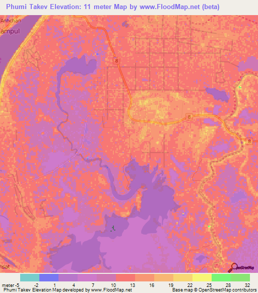 Phumi Takev,Cambodia Elevation Map