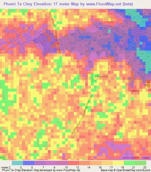 Phumi Ta Chey,Cambodia Elevation Map