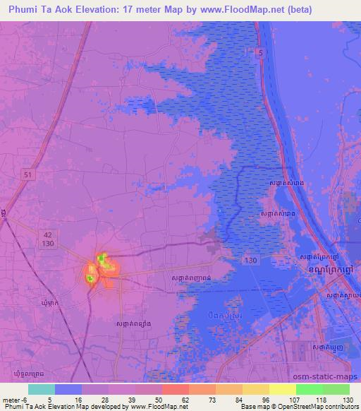 Phumi Ta Aok,Cambodia Elevation Map