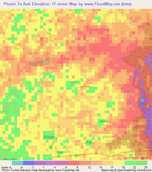 Phumi Ta Aok,Cambodia Elevation Map