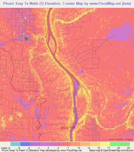 Phumi Svay Ta Mekh (1),Cambodia Elevation Map