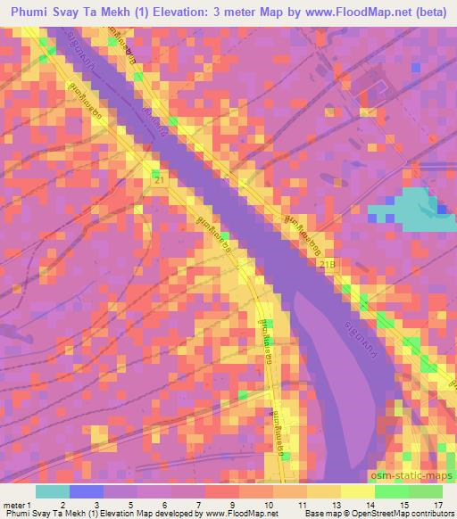 Phumi Svay Ta Mekh (1),Cambodia Elevation Map