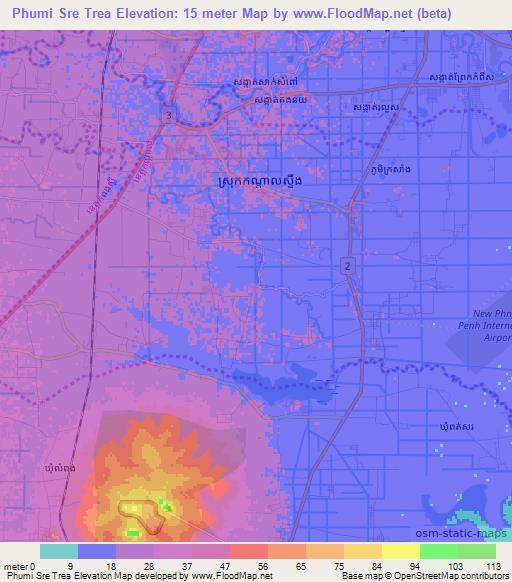 Phumi Sre Trea,Cambodia Elevation Map