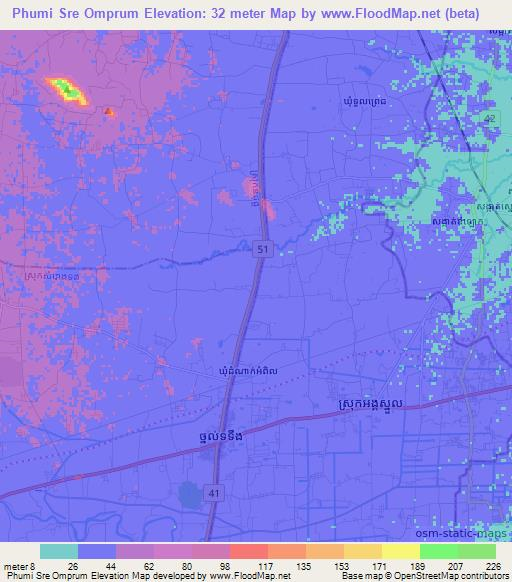 Phumi Sre Omprum,Cambodia Elevation Map