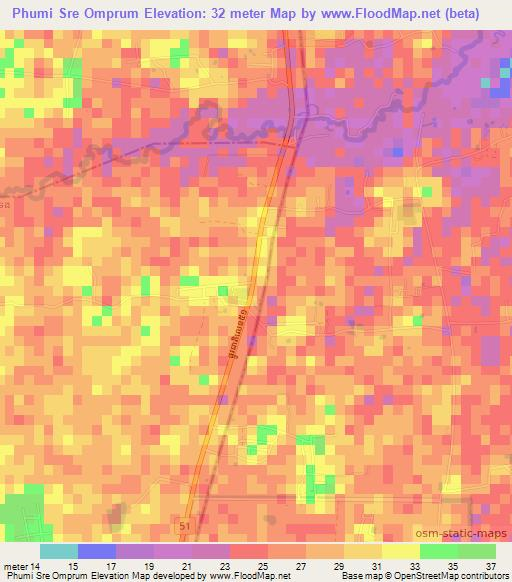 Phumi Sre Omprum,Cambodia Elevation Map