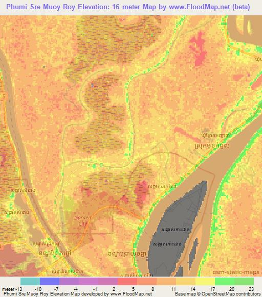 Phumi Sre Muoy Roy,Cambodia Elevation Map