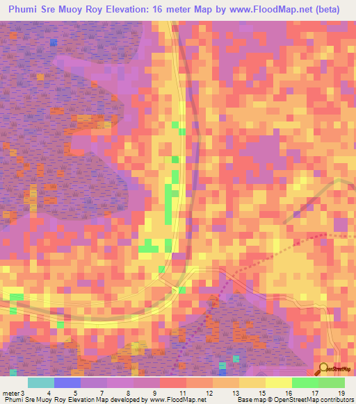 Phumi Sre Muoy Roy,Cambodia Elevation Map