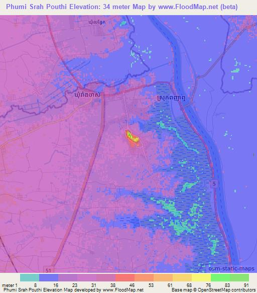 Phumi Srah Pouthi,Cambodia Elevation Map