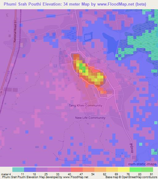 Phumi Srah Pouthi,Cambodia Elevation Map