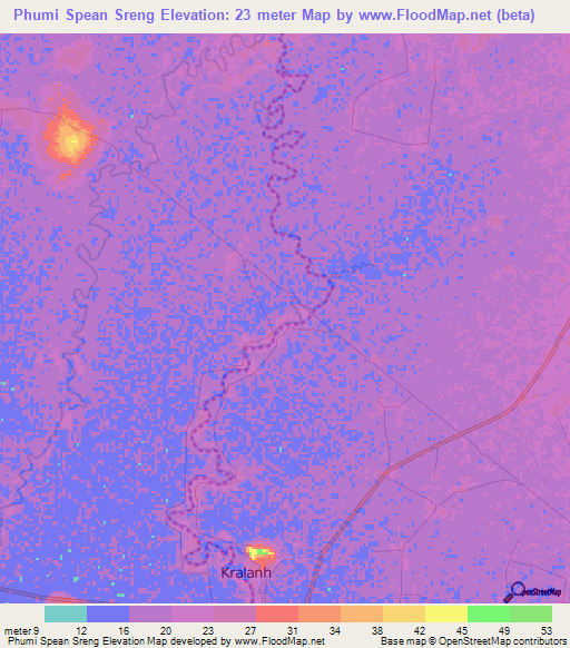 Phumi Spean Sreng,Cambodia Elevation Map