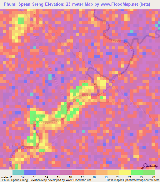 Phumi Spean Sreng,Cambodia Elevation Map