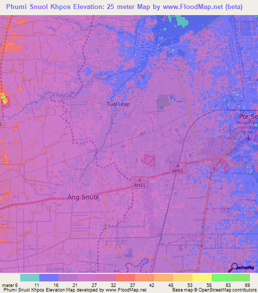 Phumi Snuol Khpos,Cambodia Elevation Map