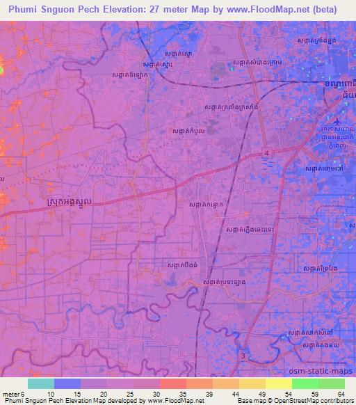Phumi Snguon Pech,Cambodia Elevation Map