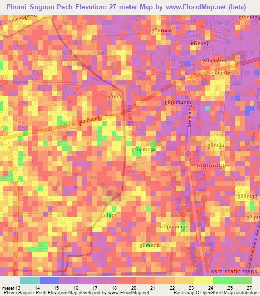 Phumi Snguon Pech,Cambodia Elevation Map