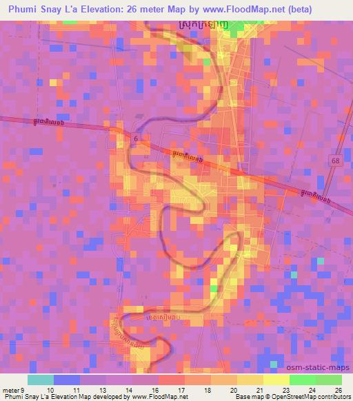 Phumi Snay L'a,Cambodia Elevation Map