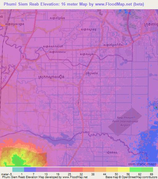 Phumi Siem Reab,Cambodia Elevation Map