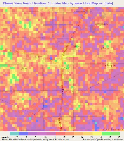 Phumi Siem Reab,Cambodia Elevation Map