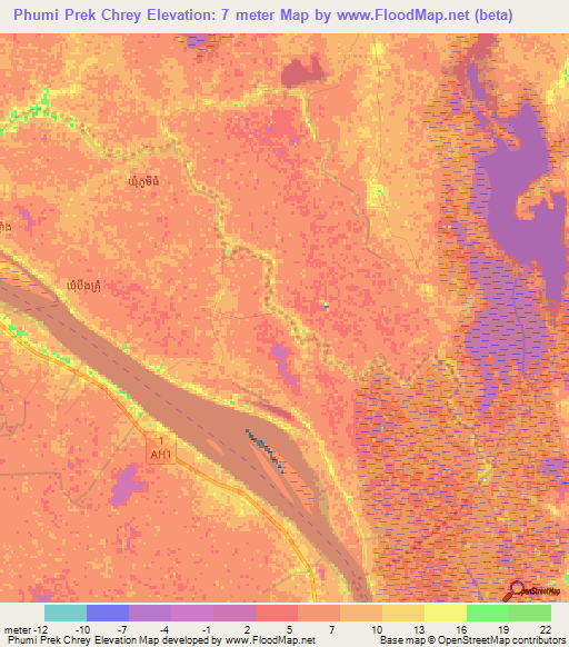 Phumi Prek Chrey,Cambodia Elevation Map