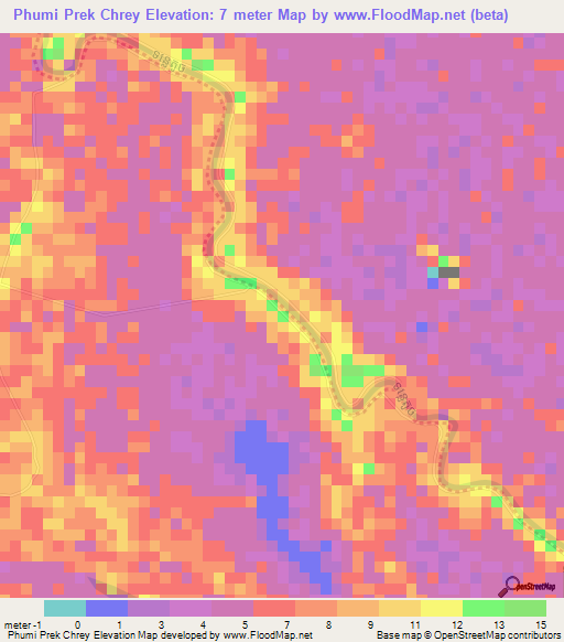 Phumi Prek Chrey,Cambodia Elevation Map