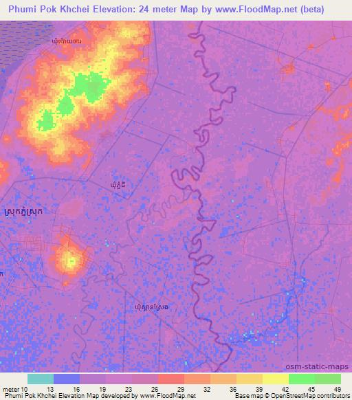 Phumi Pok Khchei,Cambodia Elevation Map