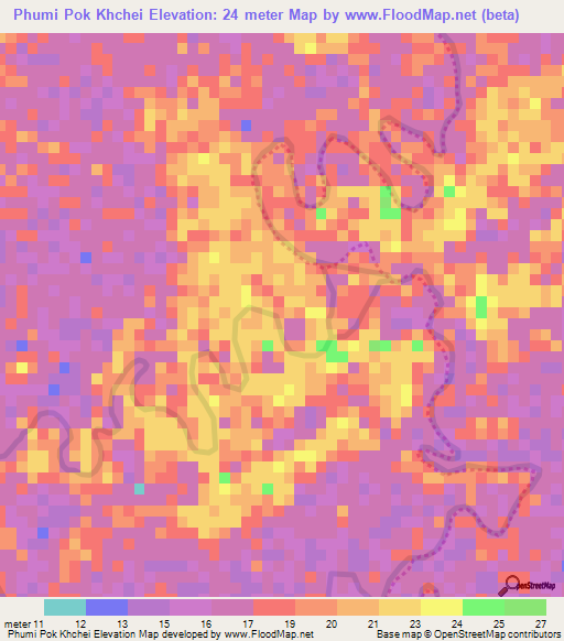 Phumi Pok Khchei,Cambodia Elevation Map