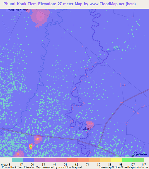 Phumi Kouk Tiem,Cambodia Elevation Map