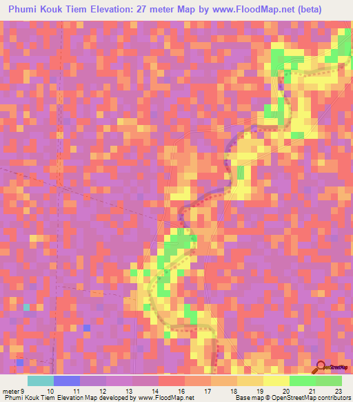 Phumi Kouk Tiem,Cambodia Elevation Map