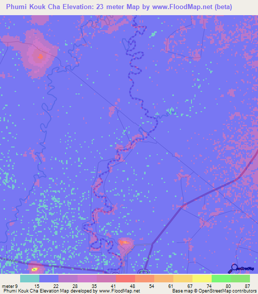 Phumi Kouk Cha,Cambodia Elevation Map