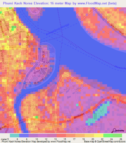 Phumi Kaoh Norea,Cambodia Elevation Map