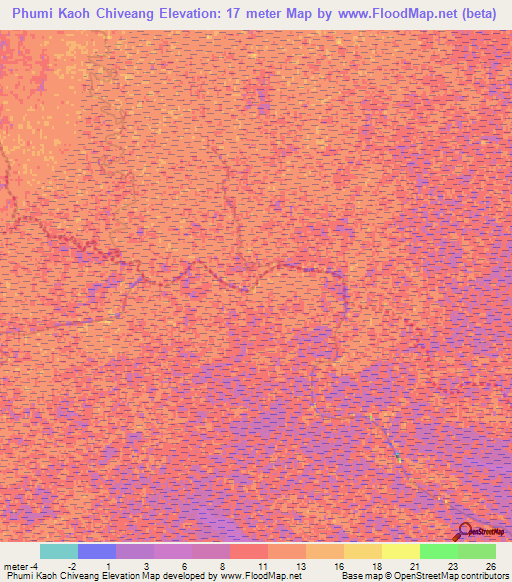 Phumi Kaoh Chiveang,Cambodia Elevation Map