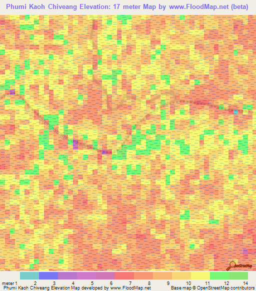 Phumi Kaoh Chiveang,Cambodia Elevation Map