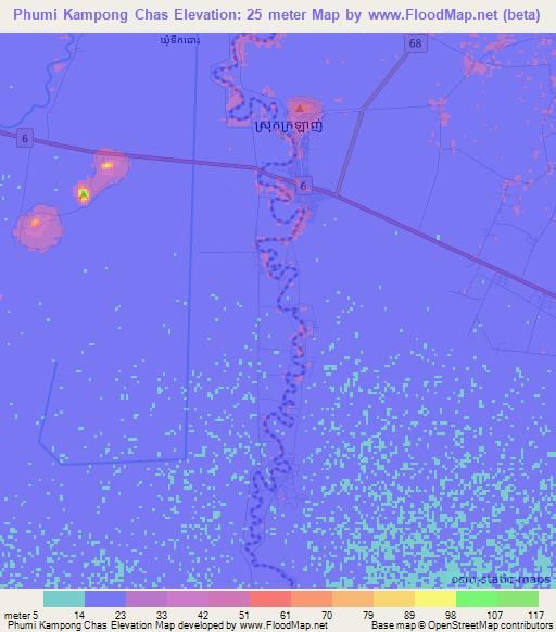 Phumi Kampong Chas,Cambodia Elevation Map