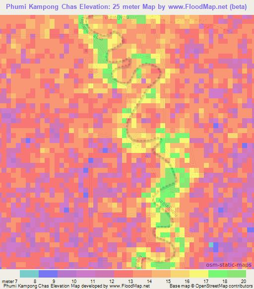 Phumi Kampong Chas,Cambodia Elevation Map