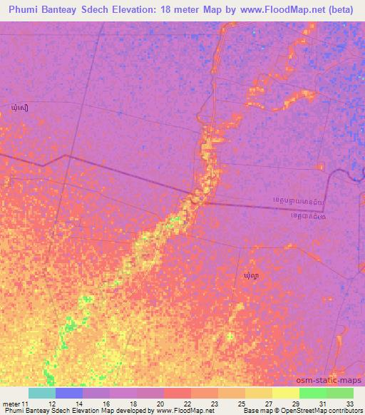 Phumi Banteay Sdech,Cambodia Elevation Map