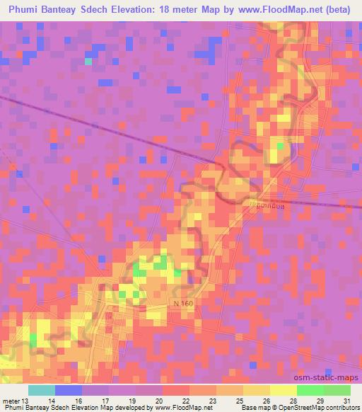 Phumi Banteay Sdech,Cambodia Elevation Map