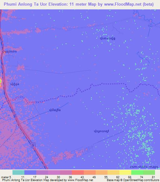 Phumi Anlong Ta Uor,Cambodia Elevation Map