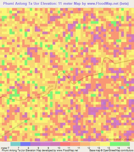 Phumi Anlong Ta Uor,Cambodia Elevation Map