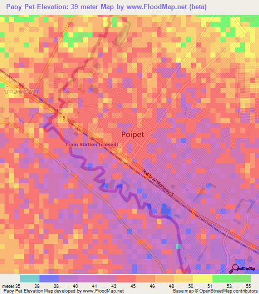 Paoy Pet,Cambodia Elevation Map