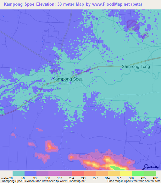 Kampong Spoe,Cambodia Elevation Map